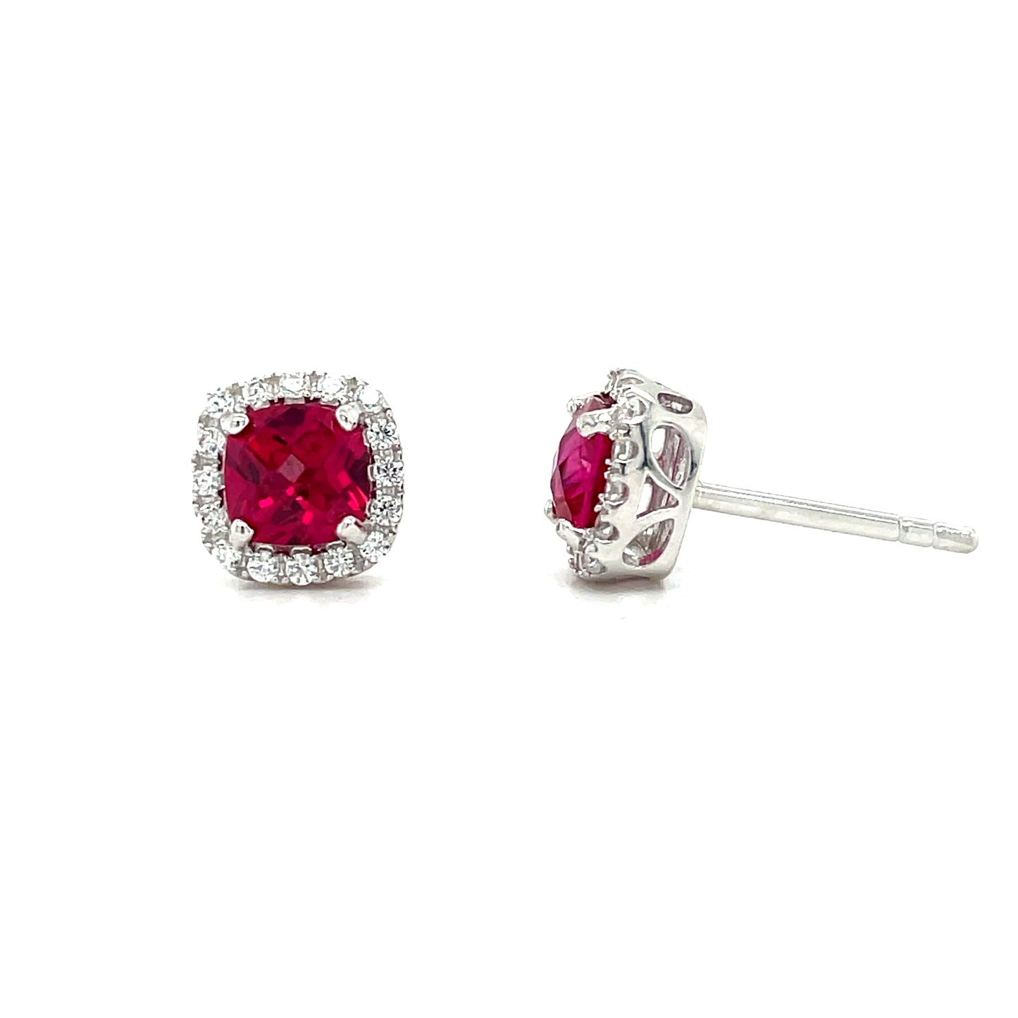 Sterling Silver Red and White CZ Cushion Cluster Earrings
