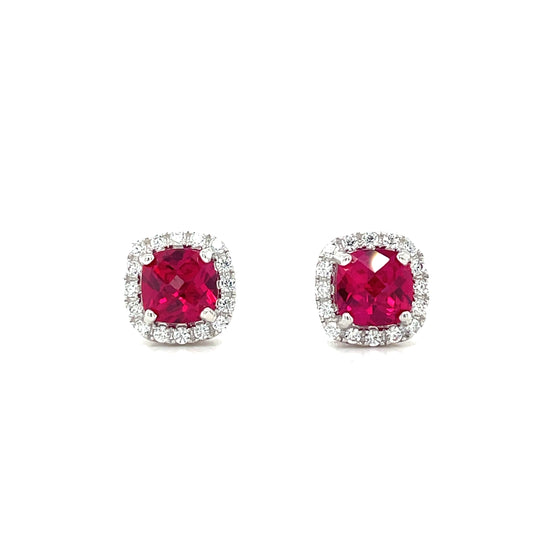 Sterling Silver Red and White CZ Cushion Cluster Earrings