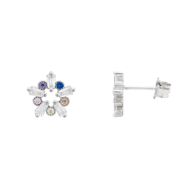 Sterling Silver Multi Cubic Zirconia Open Star Stud Earring
