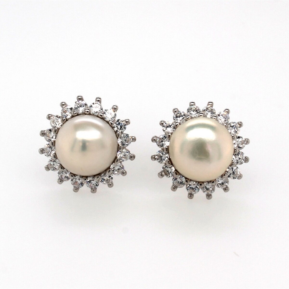 Sterling Silver Pearl And Cubic Zirconia Cluster Earring