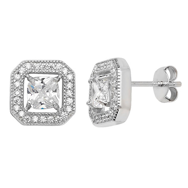Sterling Silver Cubic Zirconia Square Solitaire Halo Earrings
