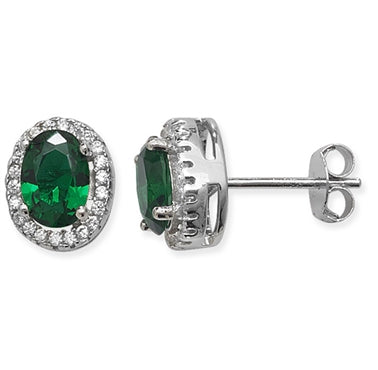 Sterling Silver Green Stone And Cubic Zirconia Cluster Earring