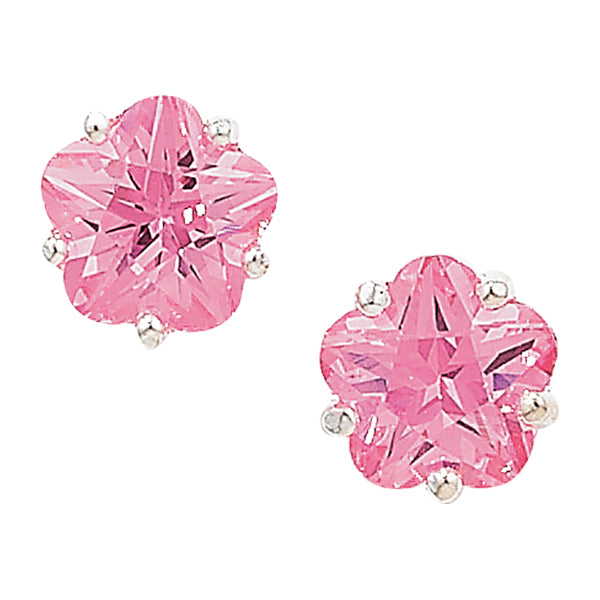 Sterling Silver Pink Cz Flower Stud Earrings