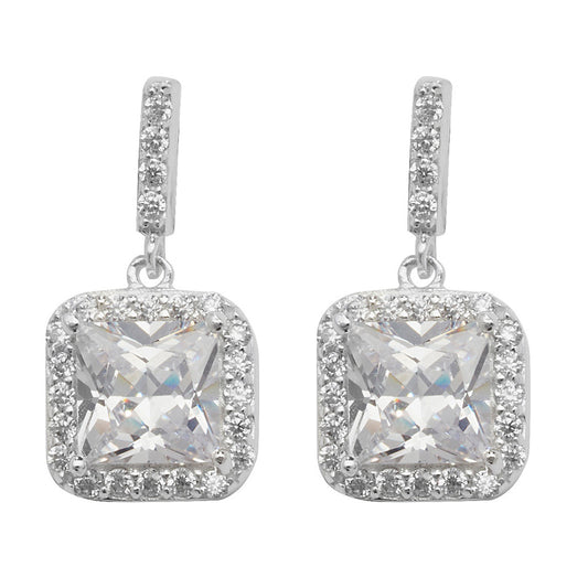 Sterling Silver Cubic Zirconia Square Halo Set Drop Earring