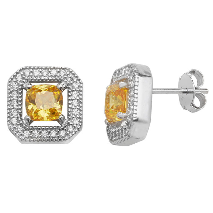 Sterling Silver Yellow And Cubic Zirconia Square Earrings