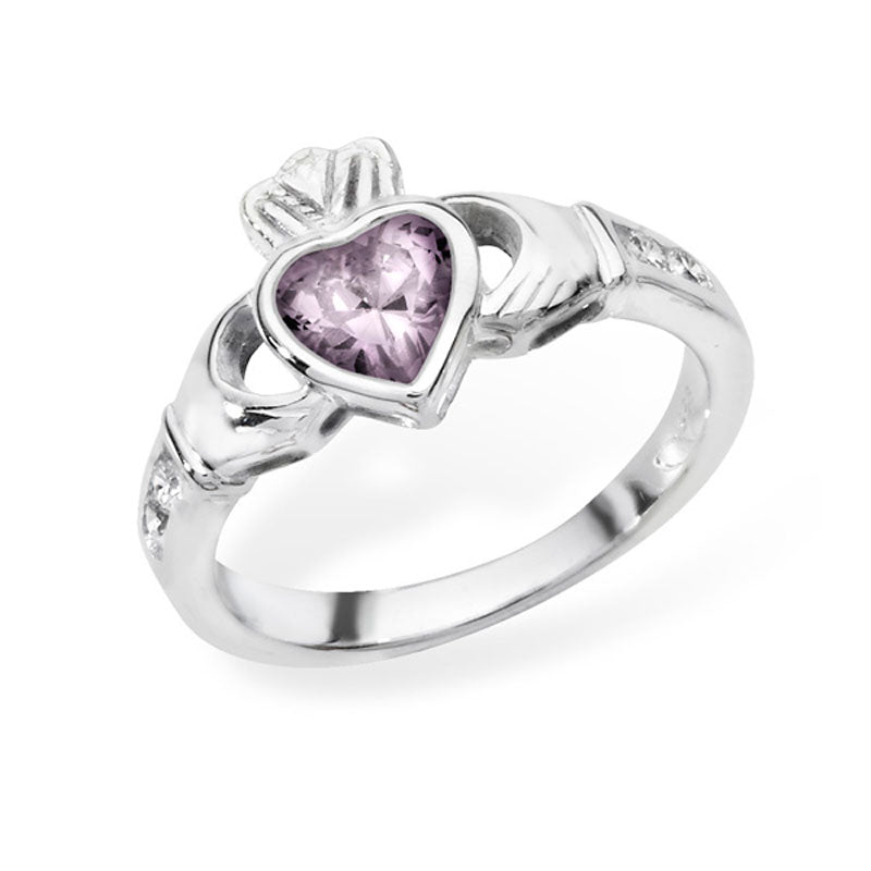 Silver Claddagh June Birthstone Stone Purple Cubic Zirconia Ring
