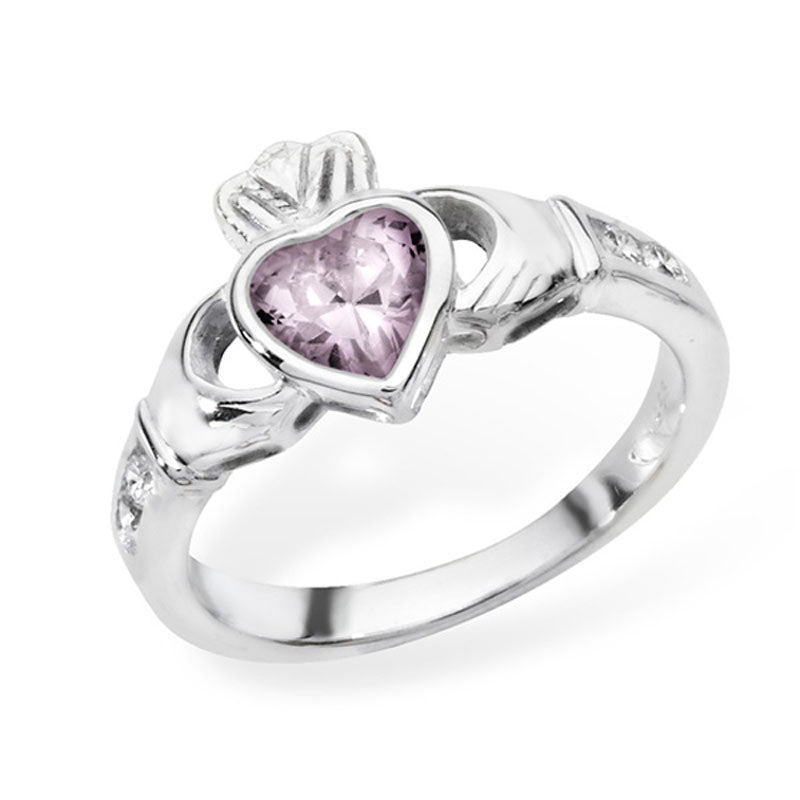 Silver Claddagh October Birthstone Stone Pink Stone Ring