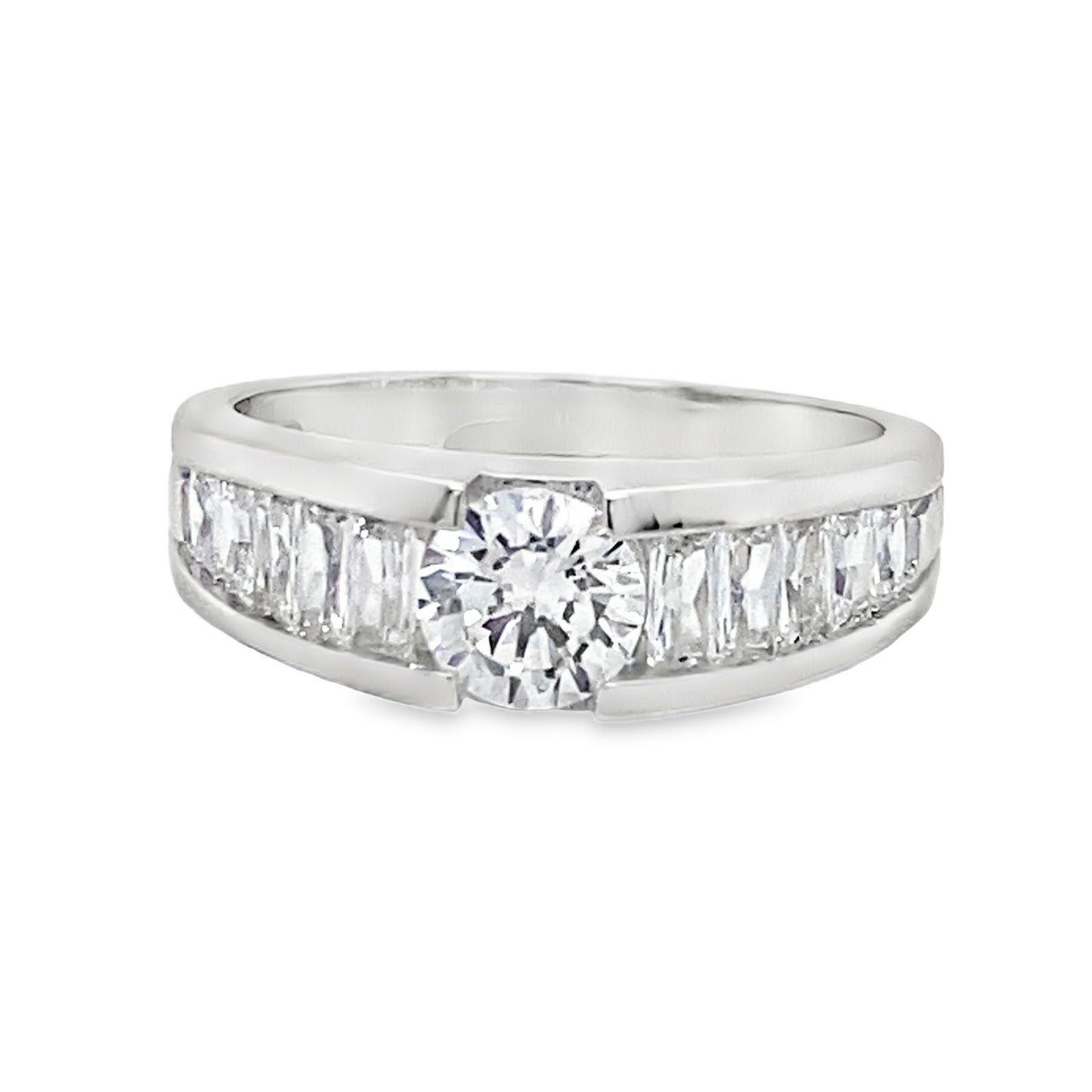 Sterling Silver Cubic Zirconia Round Solitaire/Baguette Ring