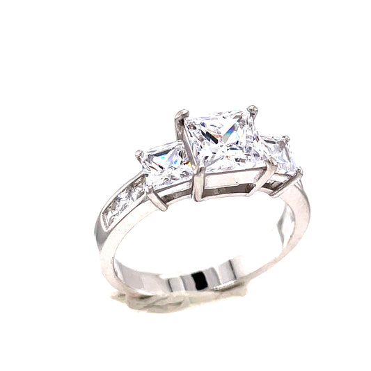 Sterling Silver Three Stone Princess Cut Cubic Zirconia Ring