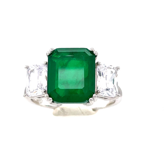 Sterling Silver Three Stone Green Cubic Zirconia Ring
