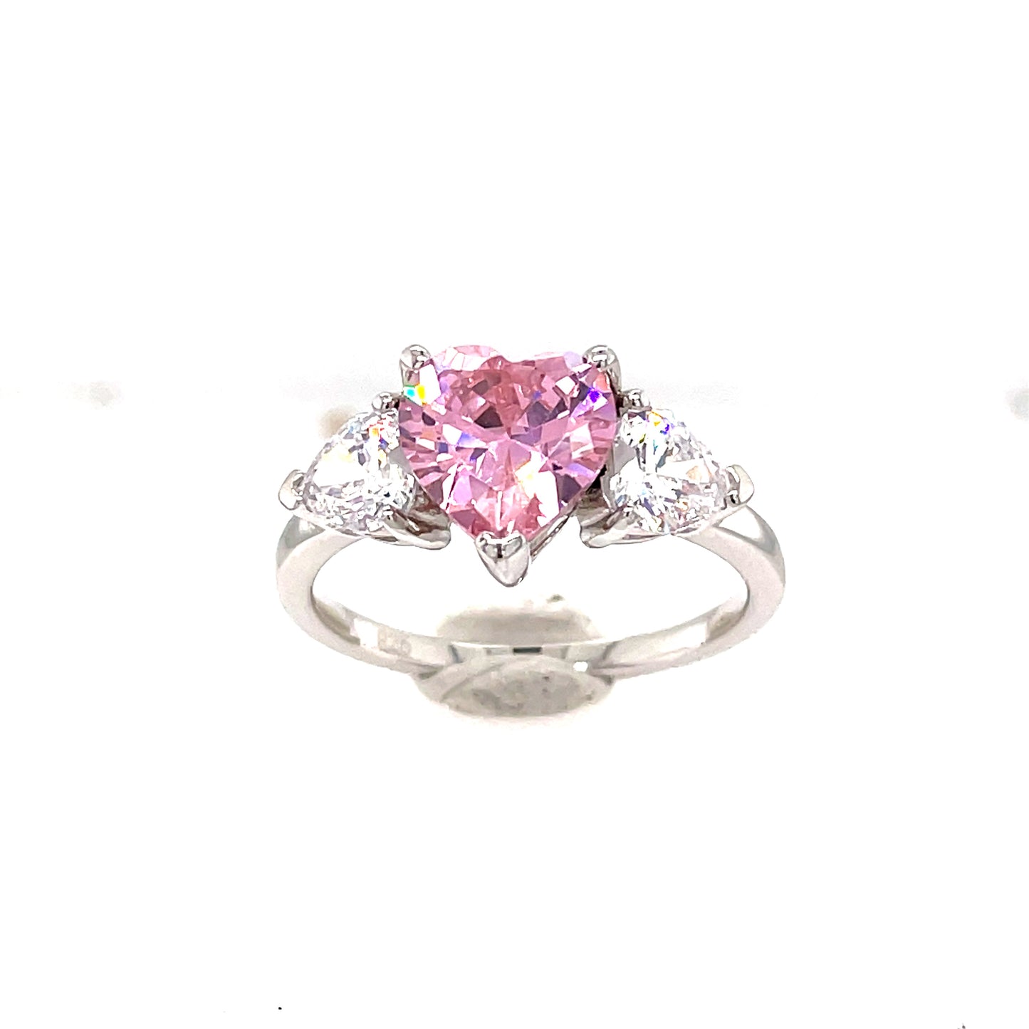 Sterling Silver Cubic Zirconia Ring With Pink Heart