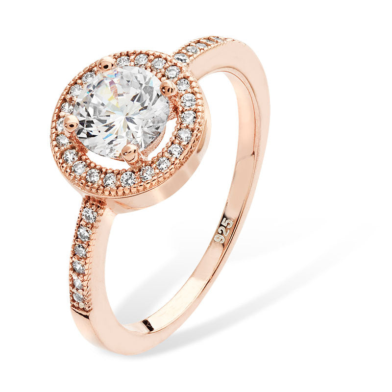 Silver Ring Rose Halo Cubic Zirconia Shoulder