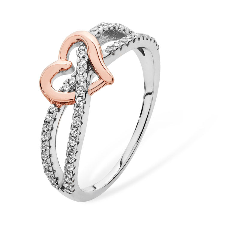 Silver Ring Rose Heart Cubic Zirconia Crossover