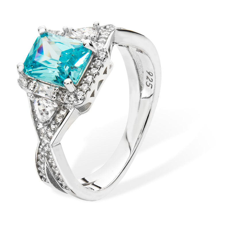 Silver Ring Blue Aquamarine Cubic Zirconia Shoulders