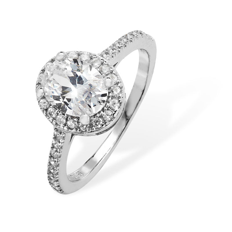 Silver Ring Oval Cubic Zirconia Cluster Cubic Shoulders