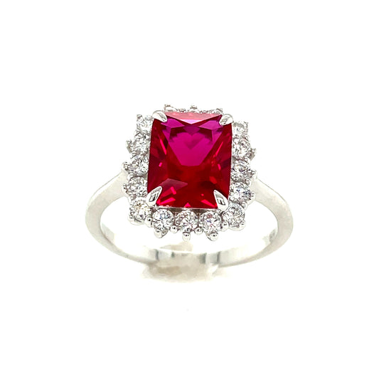 Sterling Silver Square Cluster Cubic Zirconia And Red Stone Ring