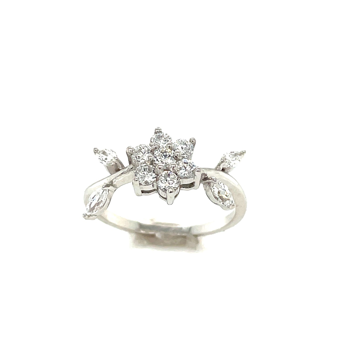 Sterling Silver Cubic Zirconia Flower And Leaf Detail Ring