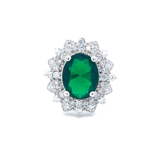 Sterling Silver Cubic Zirconia / Green Oval Cluster Ring