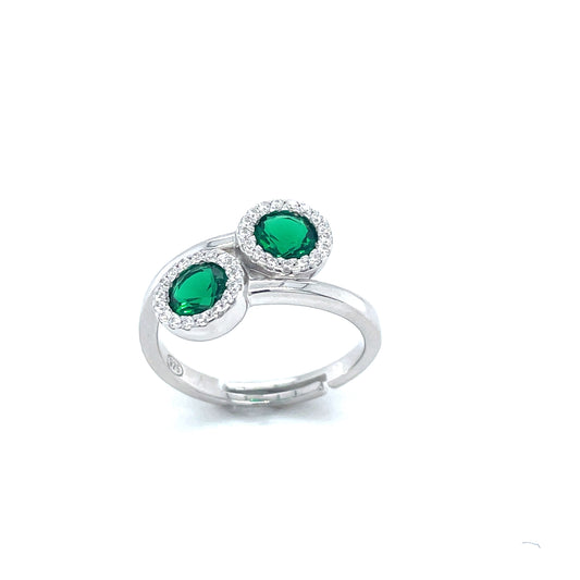 Sterling Silver Cubic Zirconia/Green Open Two Cluster Ring