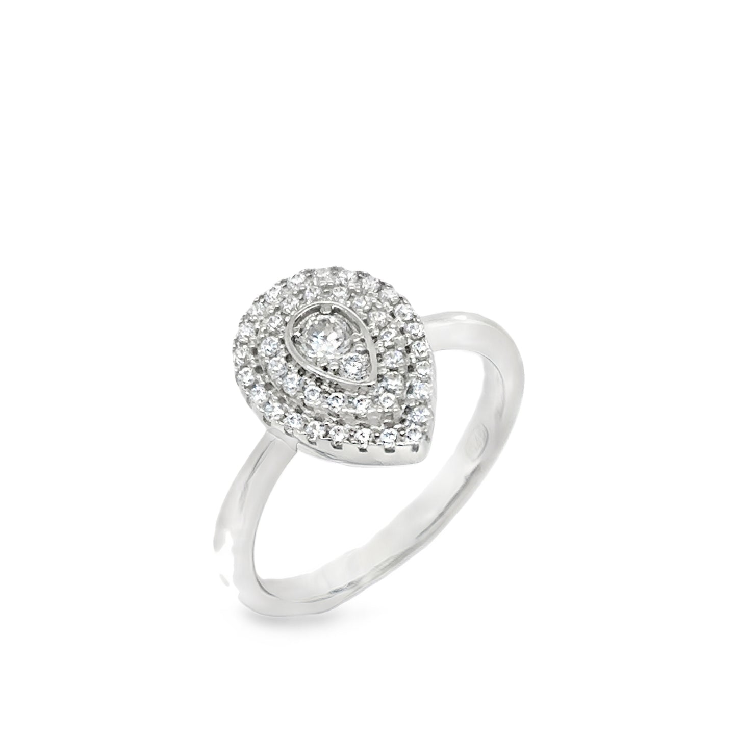 Sterling Silver Cubic Zirconia Pear Solitaire Pave Set Ring
