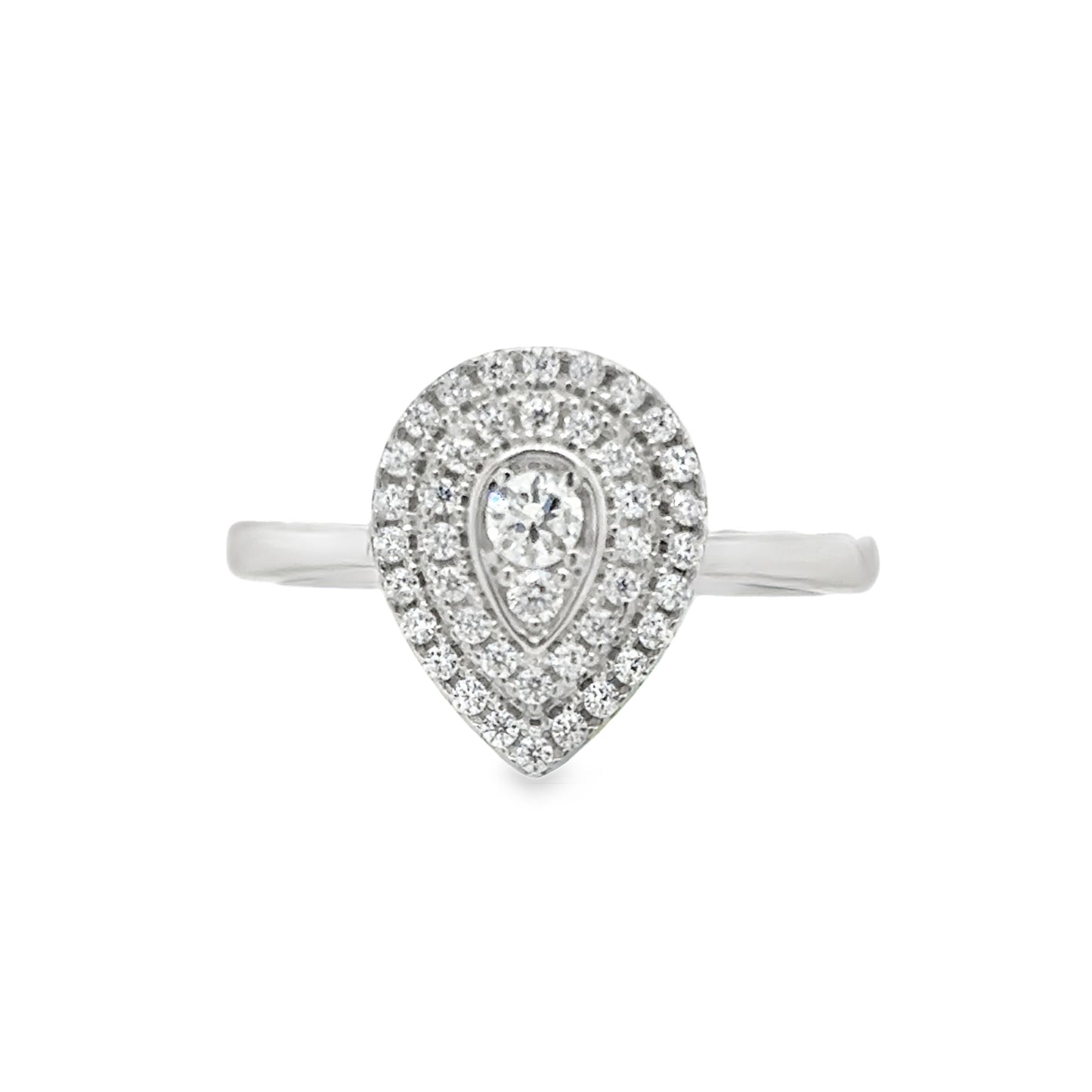 Sterling Silver Cubic Zirconia Pear Solitaire Pave Set Ring