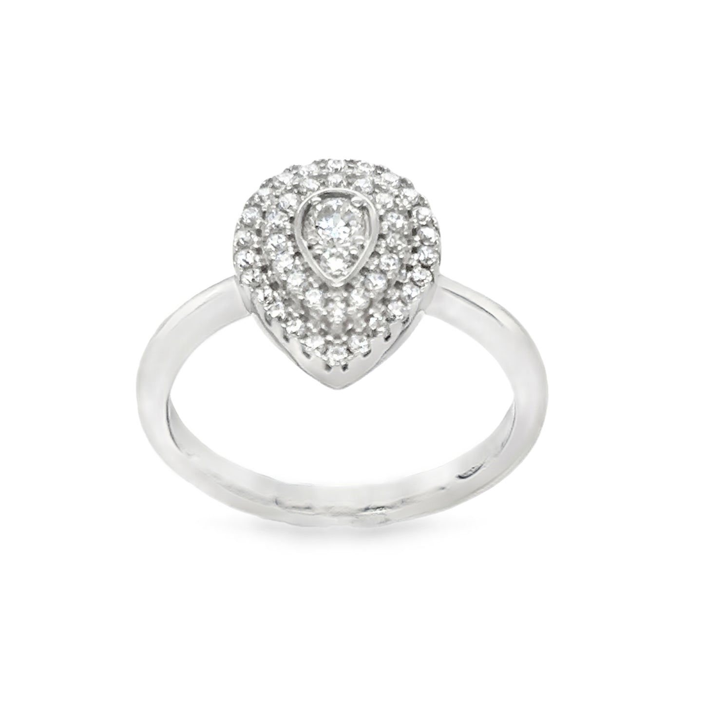 Sterling Silver Cubic Zirconia Pear Solitaire Pave Set Ring