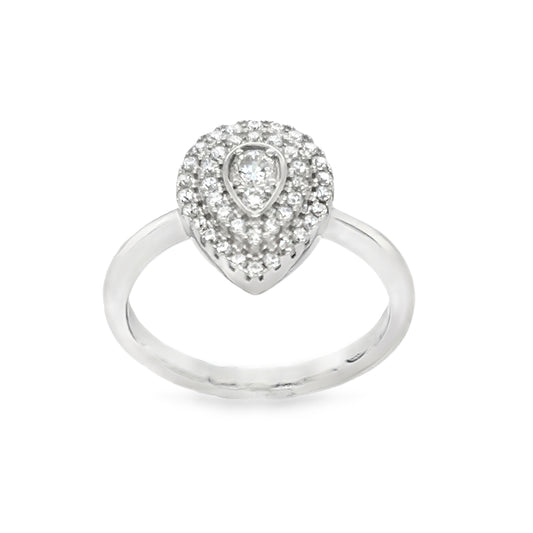 Sterling Silver Cubic Zirconia Pear Solitaire Pave Set Ring