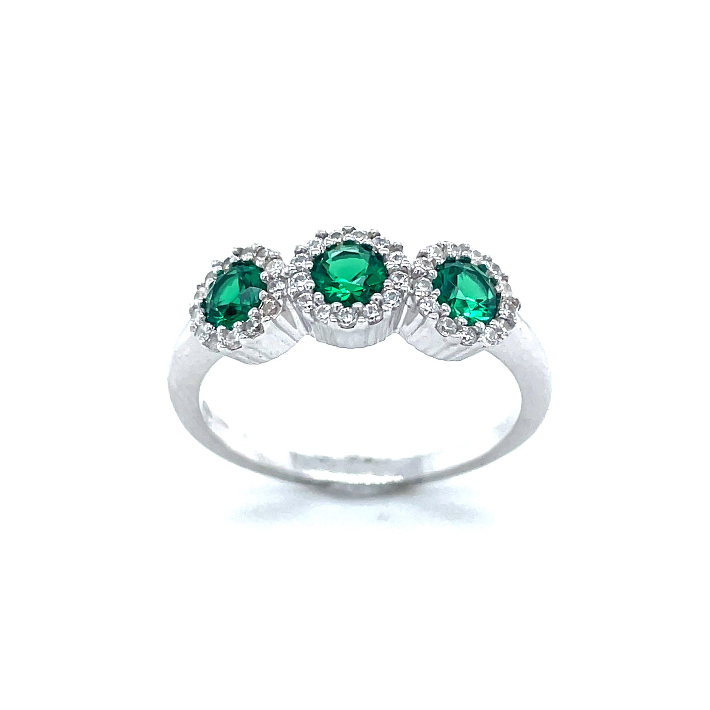 Sterling Silver Cubic Zirconia/ Green Three Stone Round Cluster