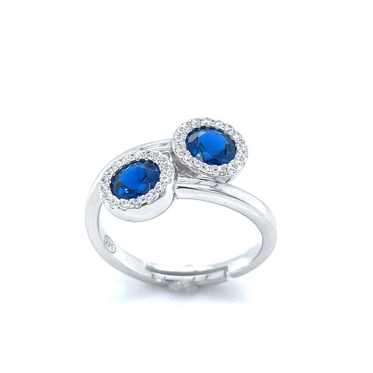 Sterling Silver Cubic Zirconia/Blue Open Two Cluster Expandable Ring