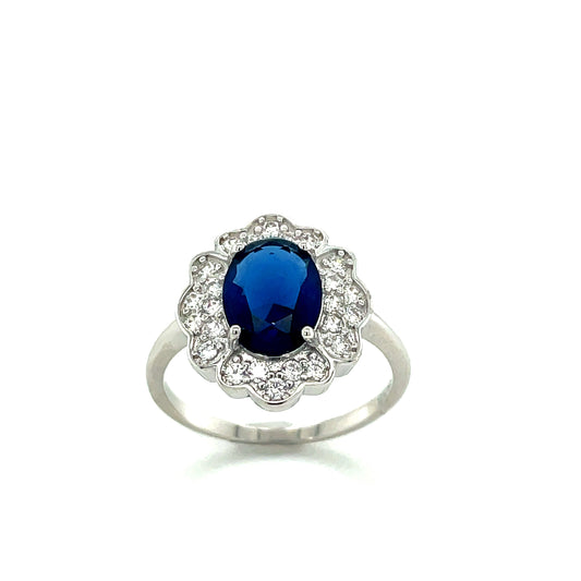 Sterling Silver Cubic Zirconia/Blue Oval Pave Set Cluster Ring