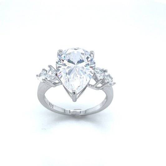 Sterling Silver Cubic Zirconia Pear Solitaire With Side Stones