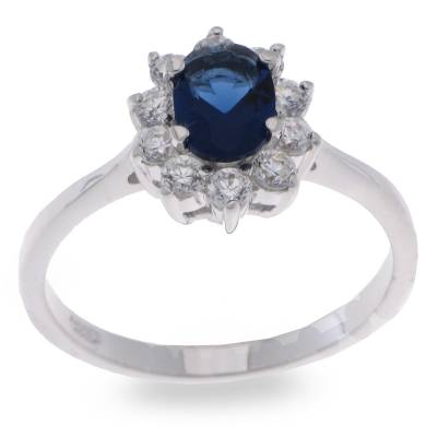 Sterling Silver Blue & White Cubic Zirconia Cluster Dress Ring