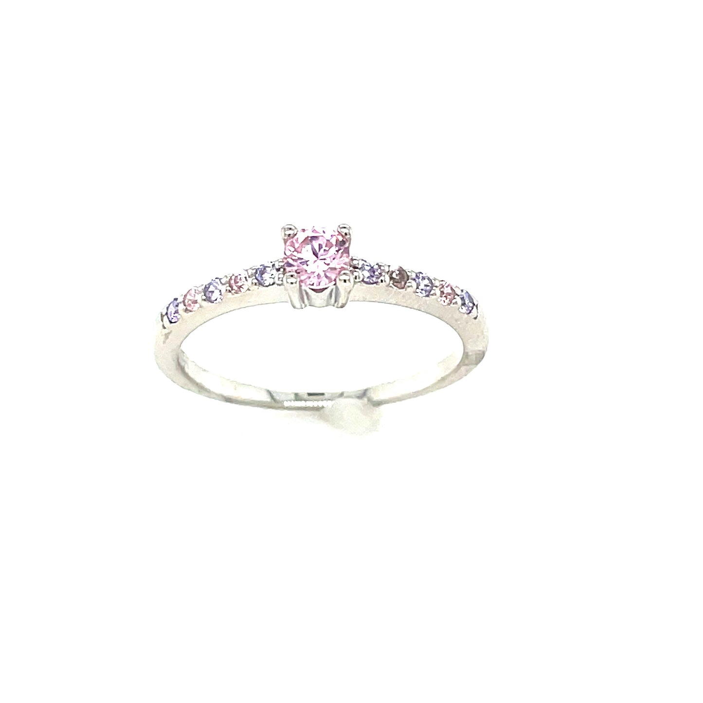 Silver Ring Pink Cubic Zirconia Solitaire With Pink Shoulders