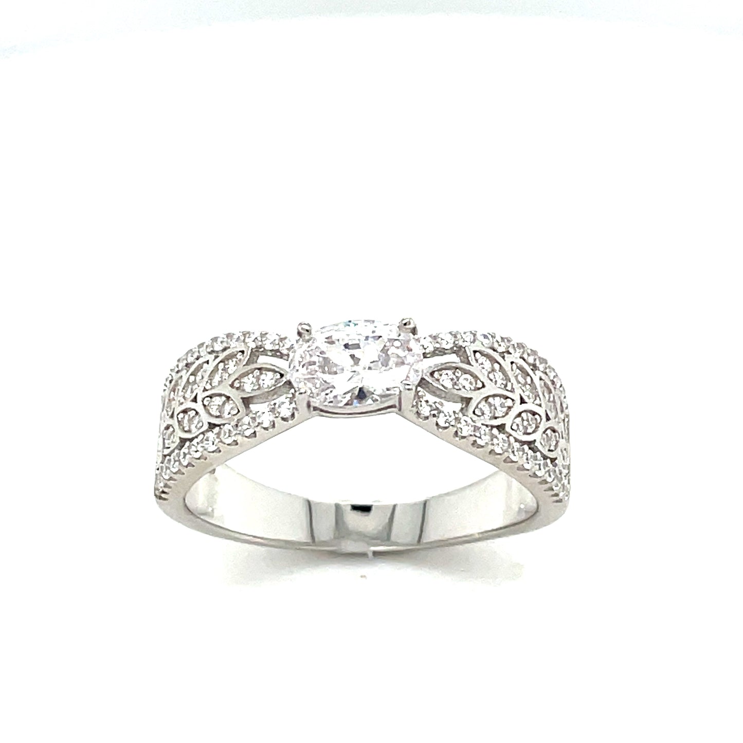 Silver Ring Oval Cubic Zirconia Solitaire With Fancy Cz Shoulde