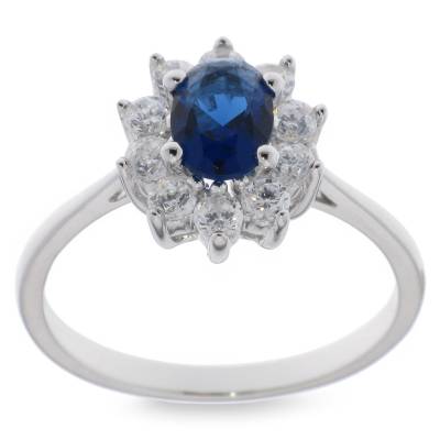 Sterling Silver Cubic Zirconia And Blue Ring