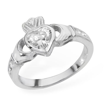 Silver Claddagh April Birthstone Stone Cubic Zirconia Ring