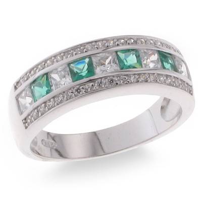 Sterling Silver Green And White Cubic Zirconia Dress Ring