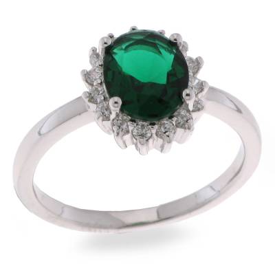 Sterling Silver Green Cubic Zirconia Rim Oval Dress Ring