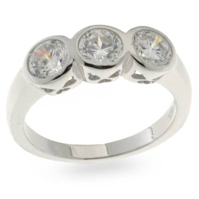 Sterling Silver Three Stone Rubover Set Cubic Zirconia Ring