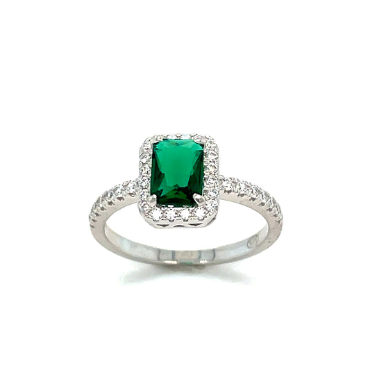 Sterling Silver Cubic Zirconia Green Halo Ring