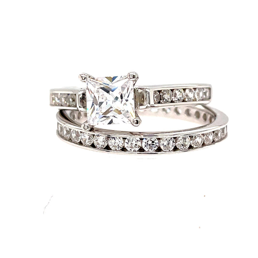 Sterling Silver Cubic Zirconia Square Solitaire Ring Set