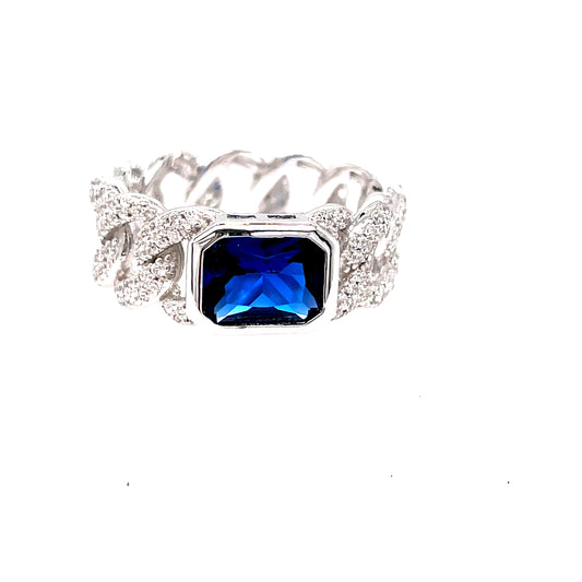 Sterling Silver Blue Stone Rubover Cubic Zirconia Band Ring