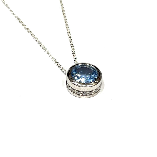 Sterling Silver Blue Stone Cubic Zircona Floating Pendant