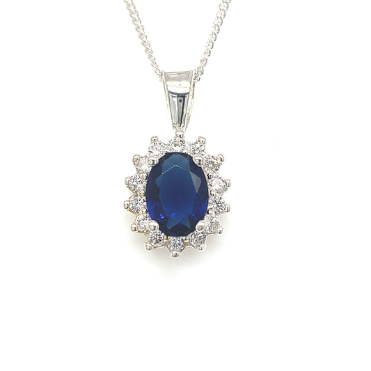 Sterling Silver Blue Cubic Zirconia Oval Cluster Pendant