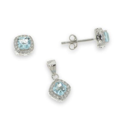 Sterling Silver Cubic Zirconia And Blue Pendant And Earring Set