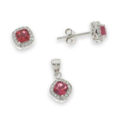 Sterling Silver Cubic Zirconia And Red Pendant And Earring Set