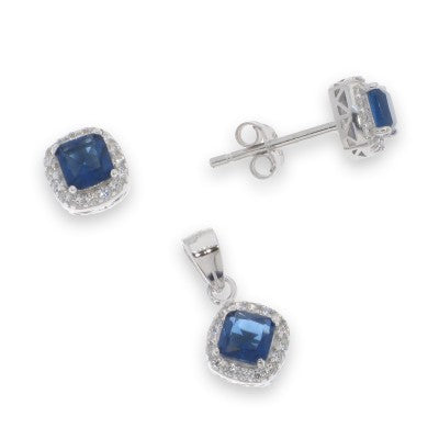 Sterling Silver Cubic Zirconia And Blue Pendant And Earring Set