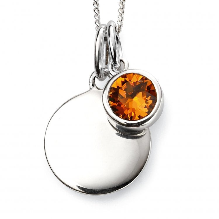 Silver Disc November Yellow Topaz Birthstone Charm Pendant