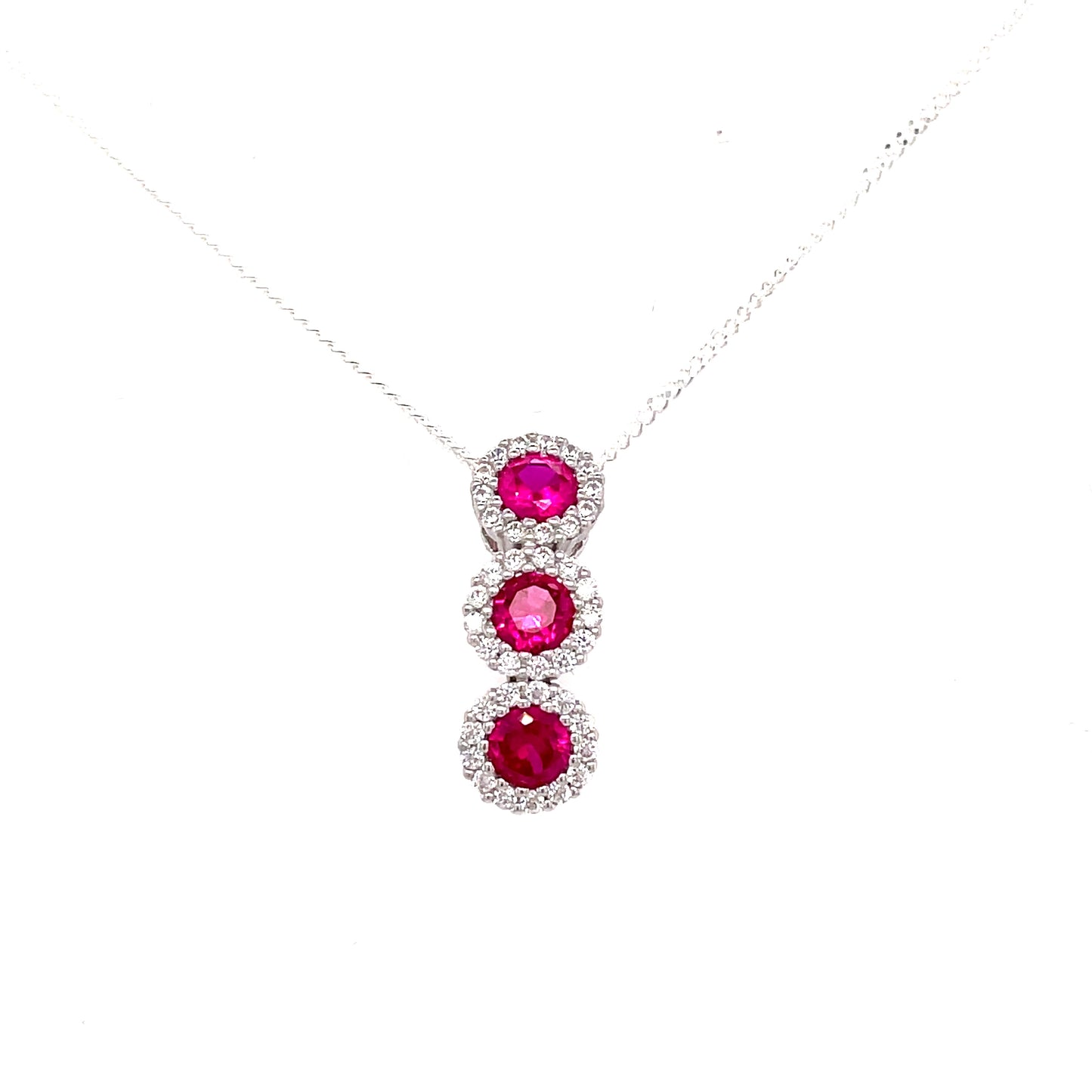 Sterling Silver Cubic Zirconia And Red Stone 3 Cluster Pendant
