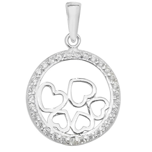 Sterling Silver Pendant With Cubic Zirconia Circle With Hearts